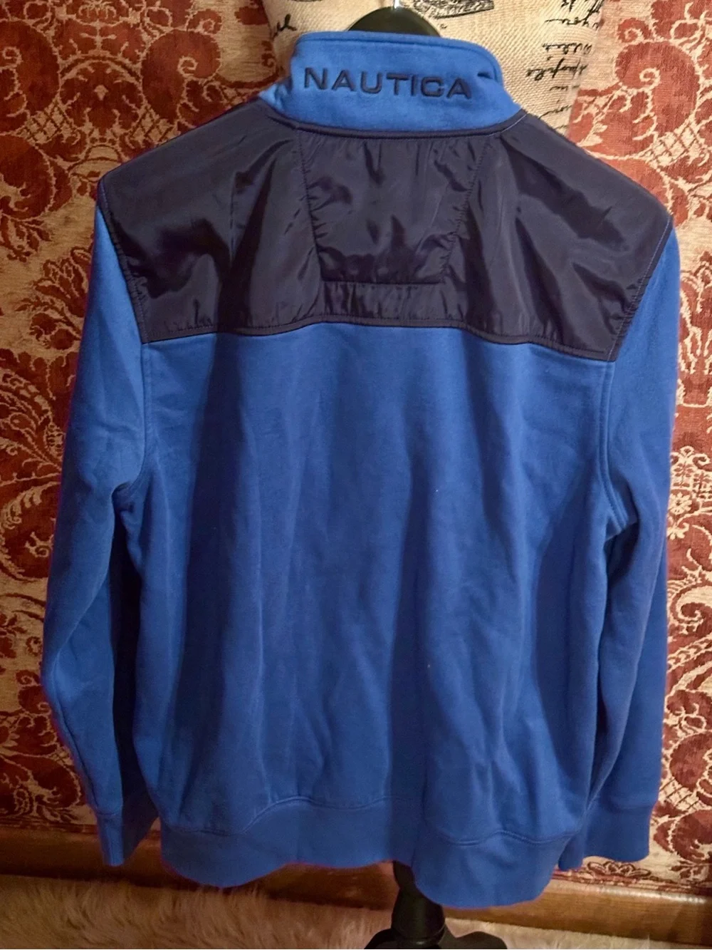Nautica Men’s Blue Zip-Neck Pullover with Contrast Shoulder Panels